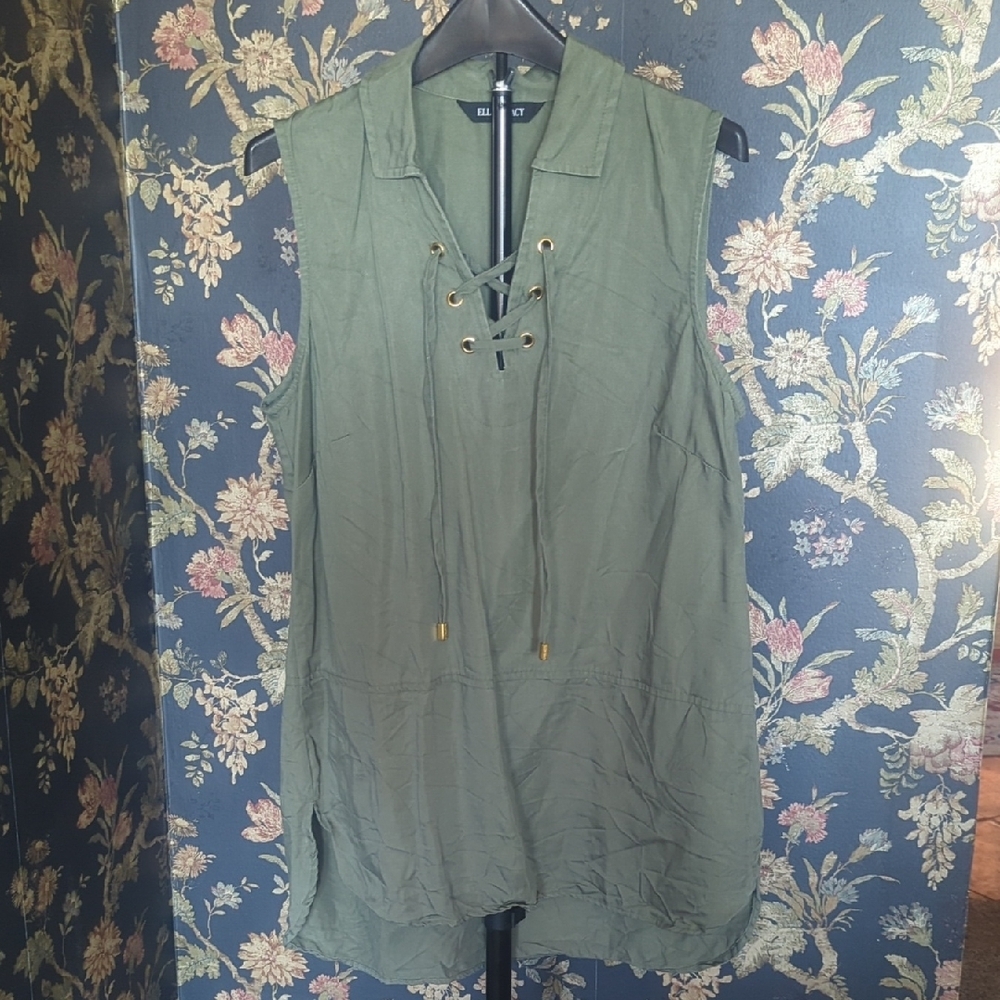Ellen Tracy Olive Green Sleeveless Tie String Blouse Size Women's M